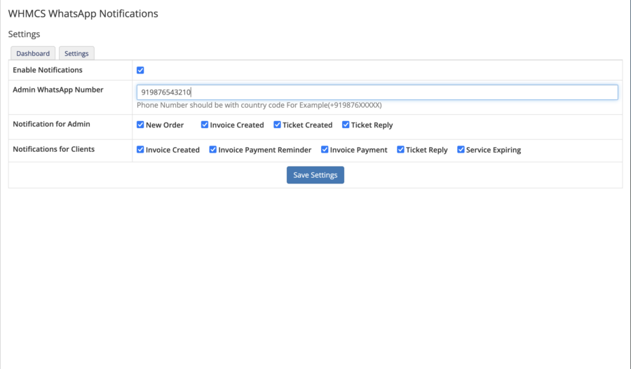 Whatsapp Notifications for whmcs - settings