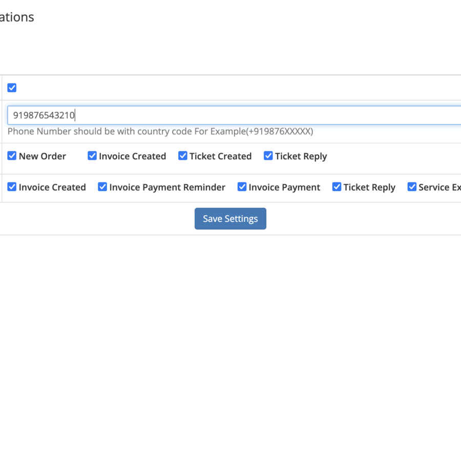 Whatsapp Notifications for whmcs - settings